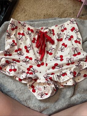 Cherry Print Ruffle Sleep Shorts - White & Red